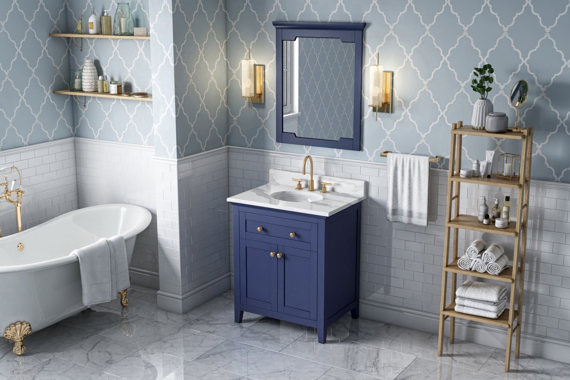 JEFFREY ALEXANDER VKITCHA30BLCQO 30" Hale Blue Chatham Vanity, Calacatta Vienna Quartz Vanity Top, undermount oval bowl