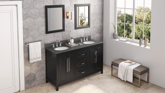 JEFFREY ALEXANDER VKITCAD60BKGQO 60" Black Cade Vanity, double bowl, Grey Quartz Vanity Top, two undermount oval bowls