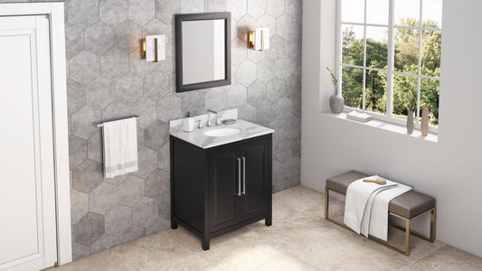 JEFFREY ALEXANDER VKITCAD30BKCQO 30" Black Cade Vanity, Calacatta Vienna Quartz Vanity Top, undermount oval bowl