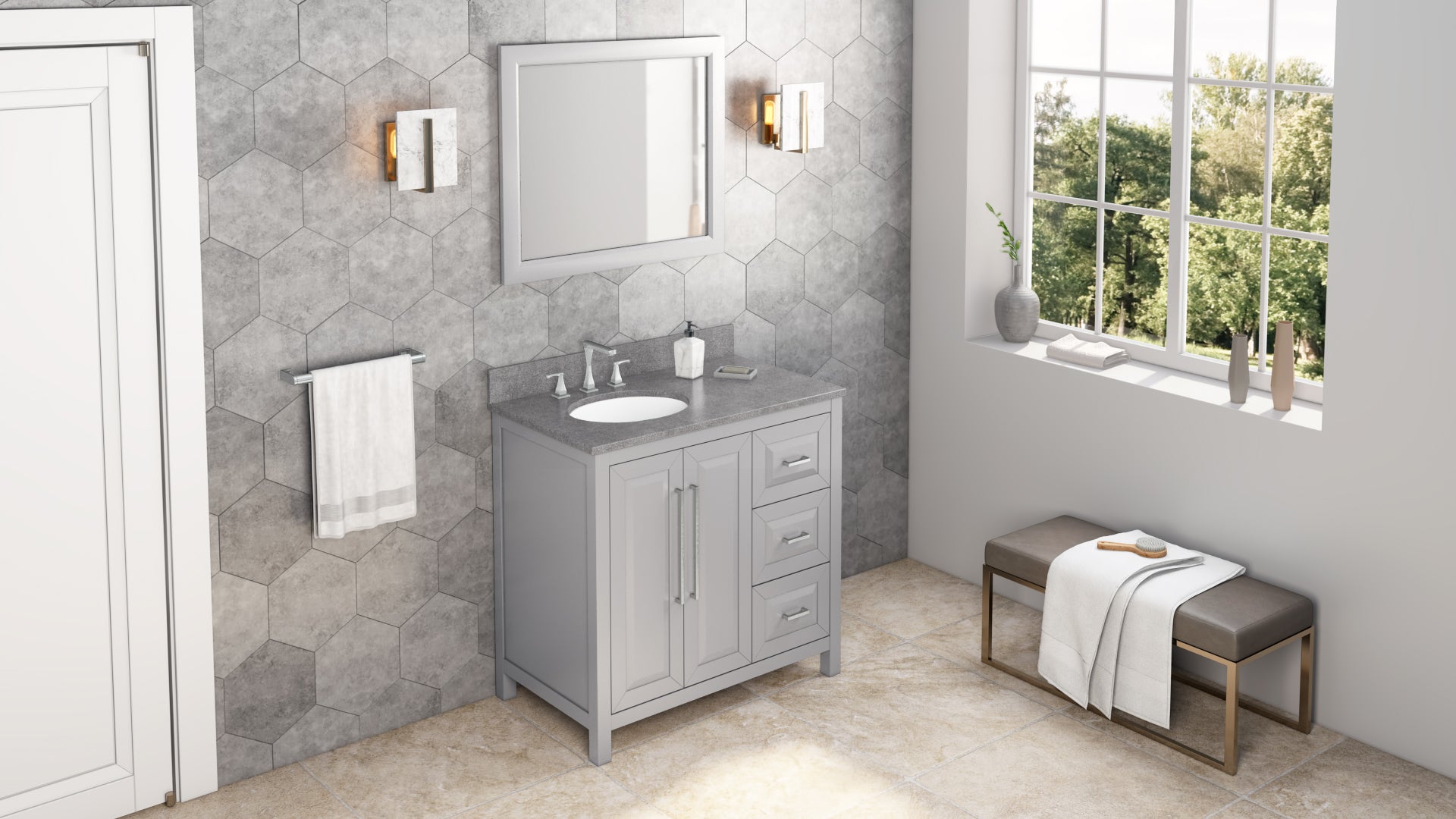 JEFFREY ALEXANDER VKITCAD36GRSGO 36" Grey Cade Vanity, left offset, Steel Grey Cultured Marble Vanity Top, undermount oval bowl