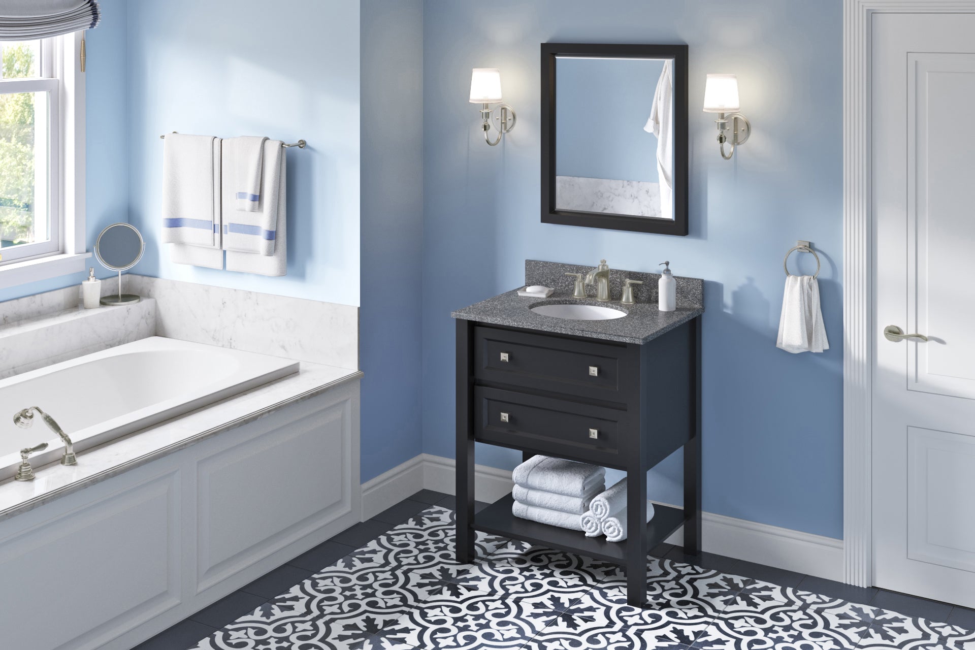 JEFFREY ALEXANDER VKITADL30BKBOO 30" Black Adler Vanity, Boulder Cultured Marble Vanity Top, undermount oval bowl