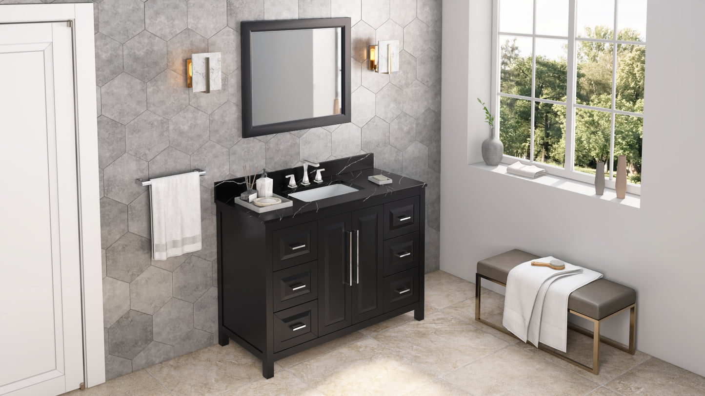 JEFFREY ALEXANDER VKITCAD48BKBQR 48" Black Cade Vanity, Calacatta Black Quartz Vanity Top, undermount rectangle bowl