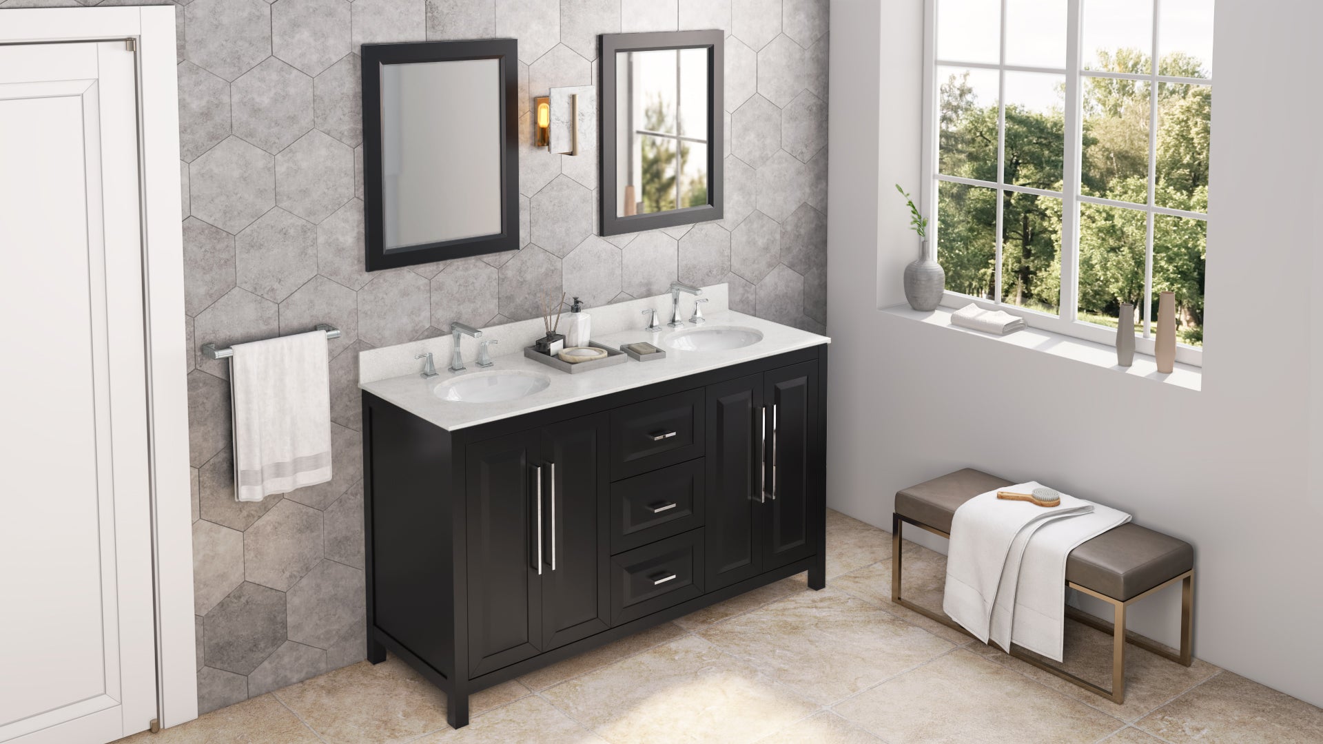 JEFFREY ALEXANDER VKITCAD60BKASO 60" Black Cade Vanity, double bowl, Arctic Stone Cultured Marble Vanity Top, two undermount oval bowls