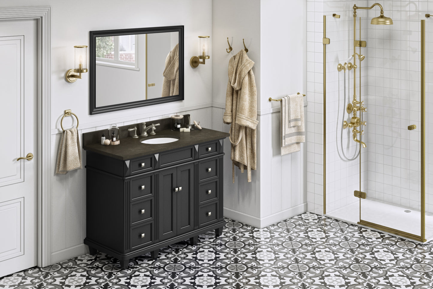 JEFFREY ALEXANDER VKITDOU48BKLSO 48" Black Douglas Vanity, Blue Limestone Vanity Top, undermount oval bowl