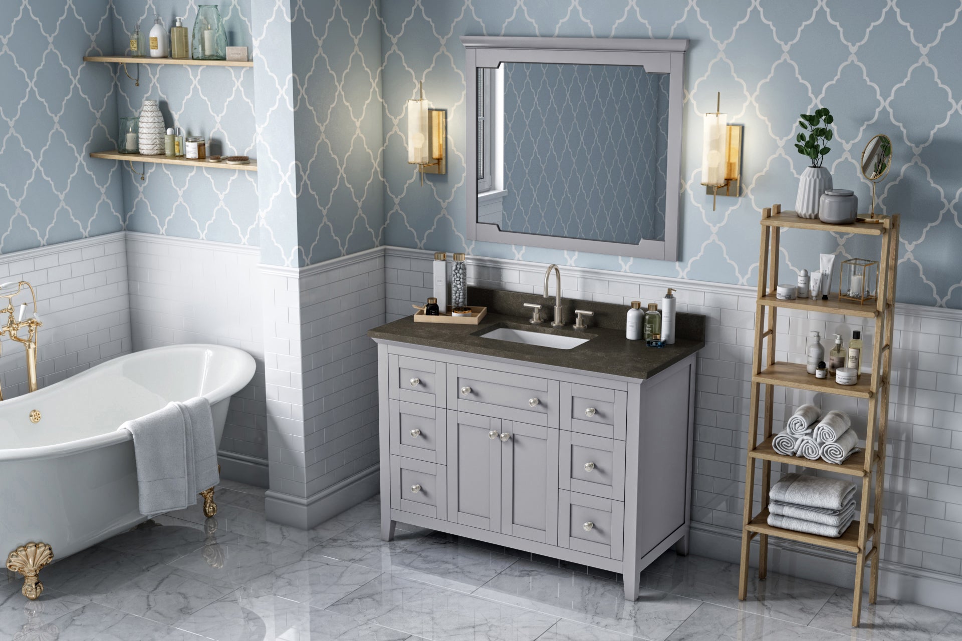 JEFFREY ALEXANDER VKITCHA48GRLSR 48" Grey Chatham Vanity, Blue Limestone Vanity Top, undermount rectangle bowl