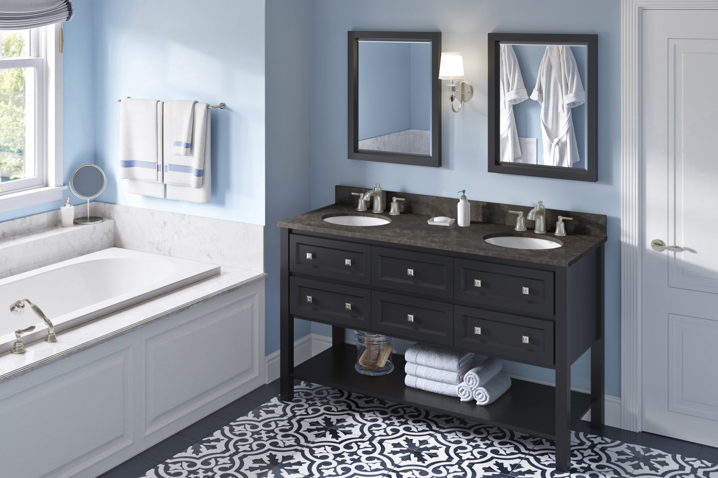 JEFFREY ALEXANDER VKITADL60BKLSO 60" Black Adler Vanity, double bowl, Blue Limestone Vanity Top, two undermount oval bowls