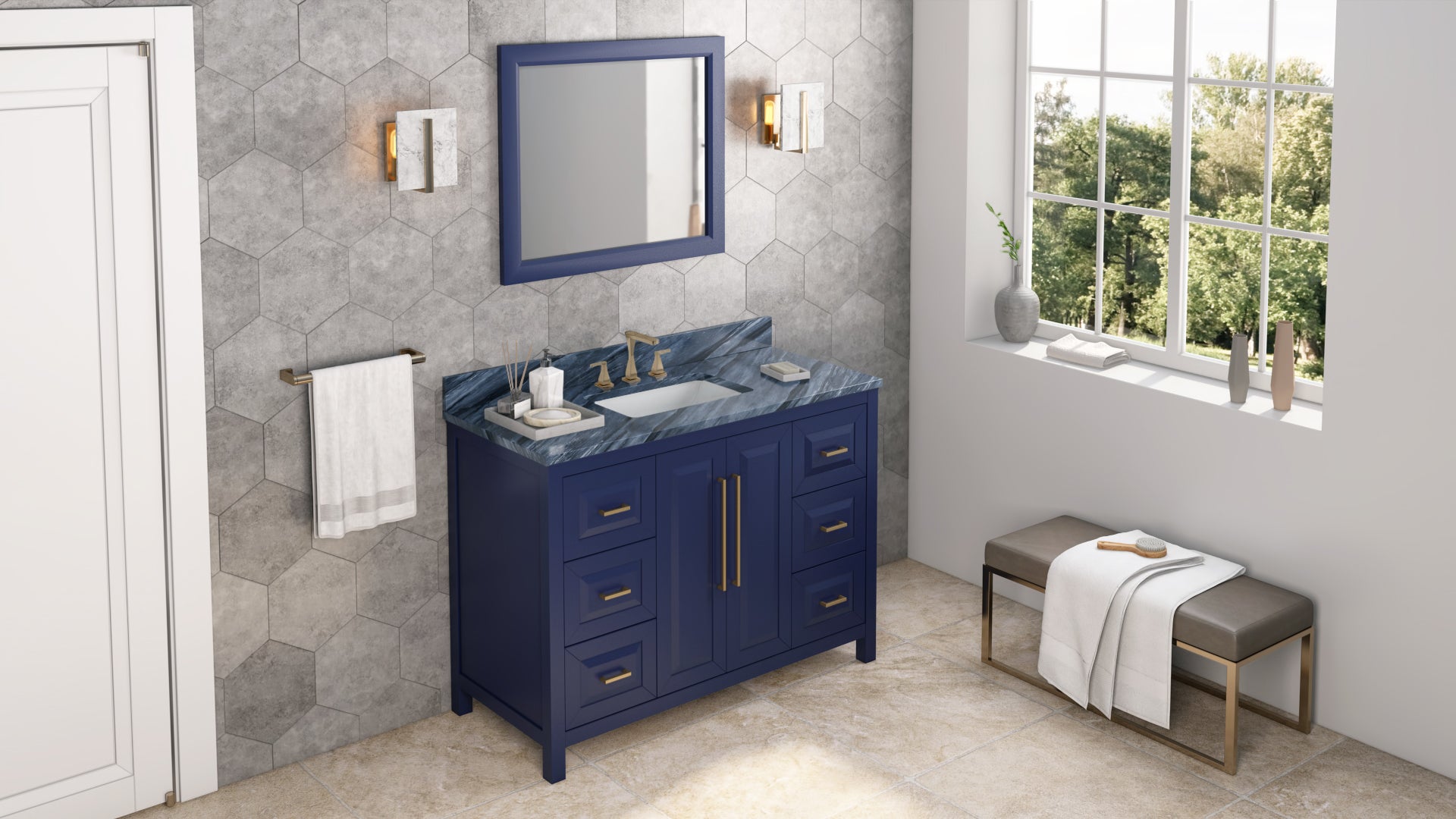 JEFFREY ALEXANDER VKITCAD48BLMGR 48" Hale Blue Cade Vanity, Grey Marble Vanity Top, undermount rectangle bowl