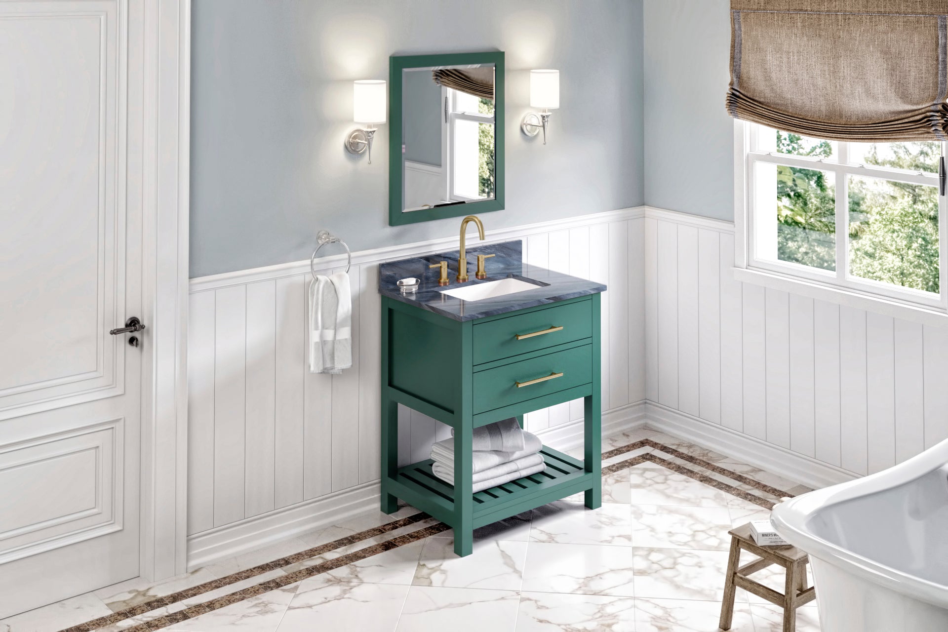 JEFFREY ALEXANDER VKITWAV30GNMGR 30" Forest Green Wavecrest Vanity, Grey Marble Vanity Top, undermount rectangle bowl