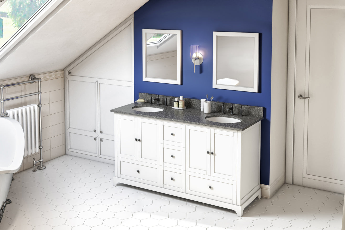 JEFFREY ALEXANDER VKITADD60WHBOO 60" White Addington Vanity, double bowl, Boulder Cultured Marble Vanity Top, two undermount oval bowls