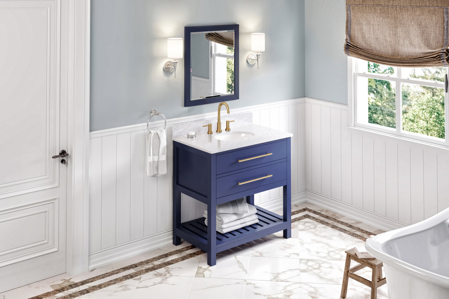 JEFFREY ALEXANDER VKITWAV36BLWCO 36" Hale Blue Wavecrest Vanity, White Carrara Marble Vanity Top, undermount oval bowl