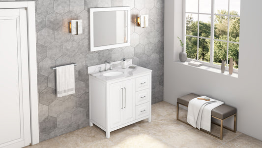 JEFFREY ALEXANDER VKITCAD36WHCQO 36" White Cade Vanity, left offset, Calacatta Vienna Quartz Vanity Top, undermount oval bowl