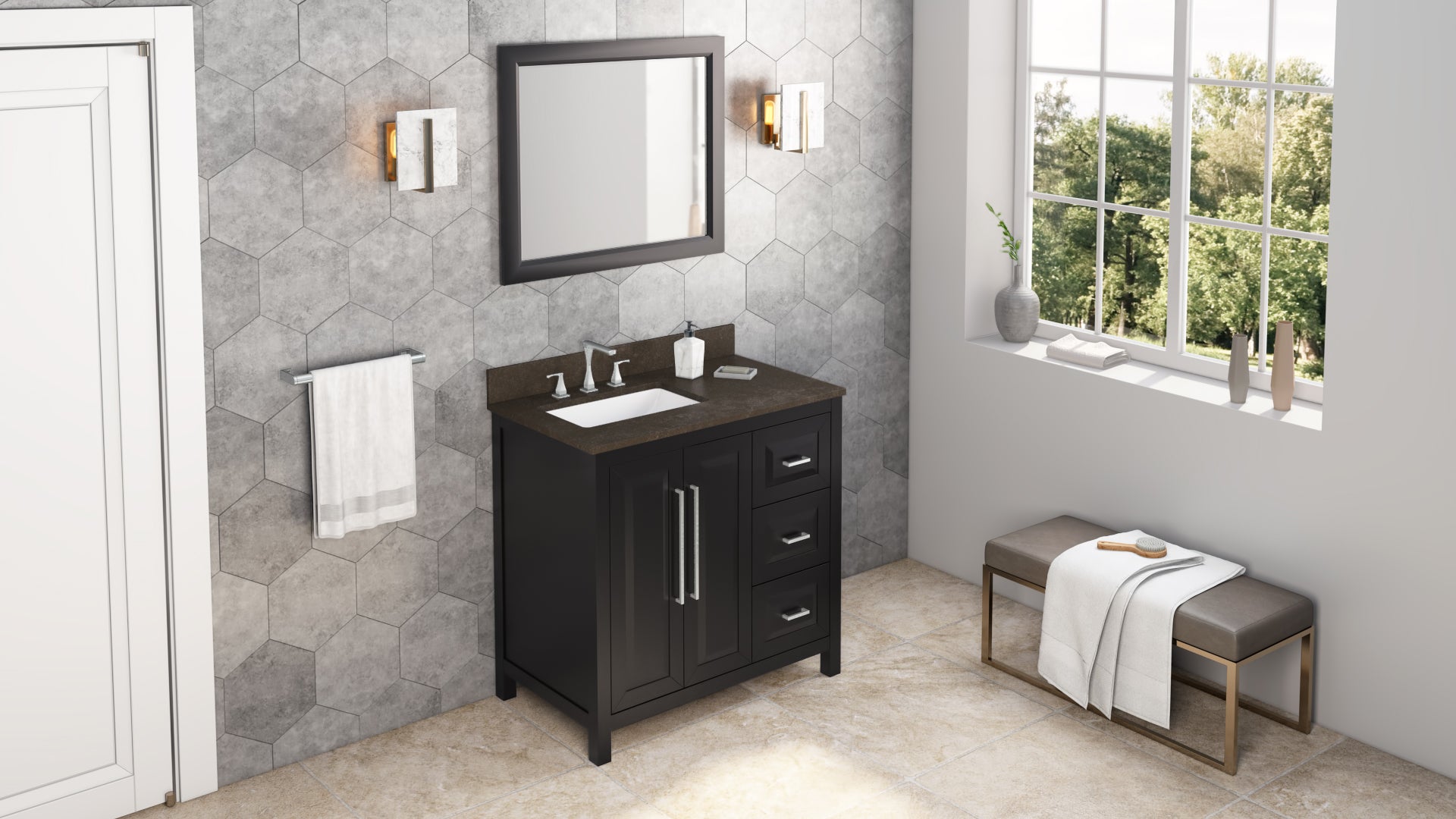 JEFFREY ALEXANDER VKITCAD36BKLSR 36" Black Cade Vanity, left offset, Blue Limestone Vanity Top, undermount rectangle bowl