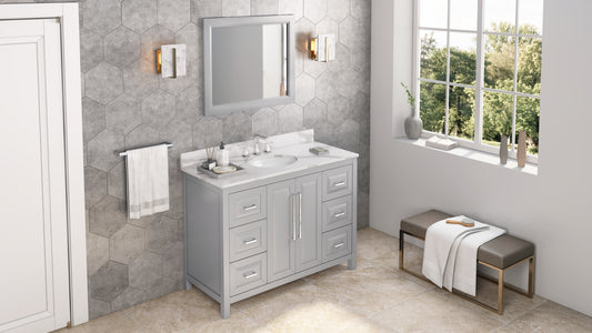 JEFFREY ALEXANDER VKITCAD48GRCQO 48" Grey Cade Vanity, Calacatta Vienna Quartz Vanity Top, undermount oval bowl