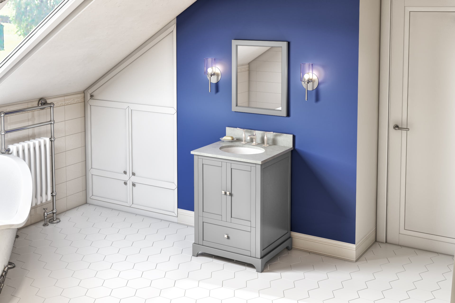 JEFFREY ALEXANDER VKITADD24GRASO 24" Grey Addington Vanity, Arctic Stone Cultured Marble Vanity Top, undermount oval bowl