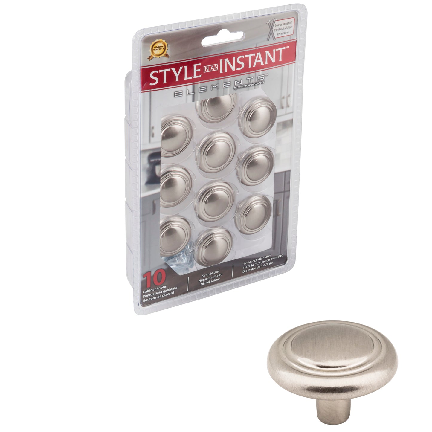ELEMENTS 202SN-R 1-1/4" Diameter Satin Nickel Button Vienna Retail Packaged Cabinet Mushroom Knob