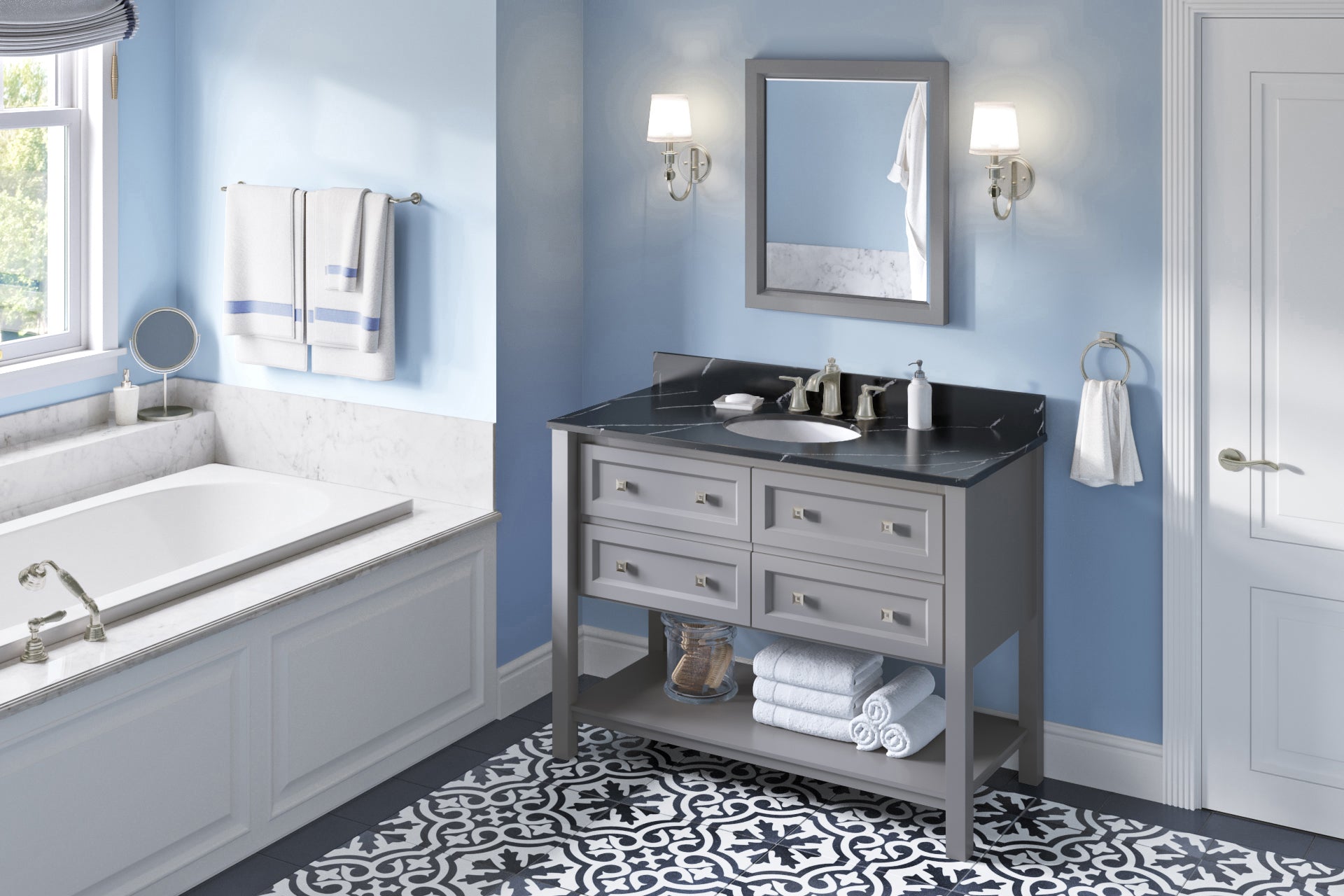 JEFFREY ALEXANDER VKITADL48GRBQO 48" Grey Adler Vanity, Calacatta Black Quartz Vanity Top, undermount oval bowl