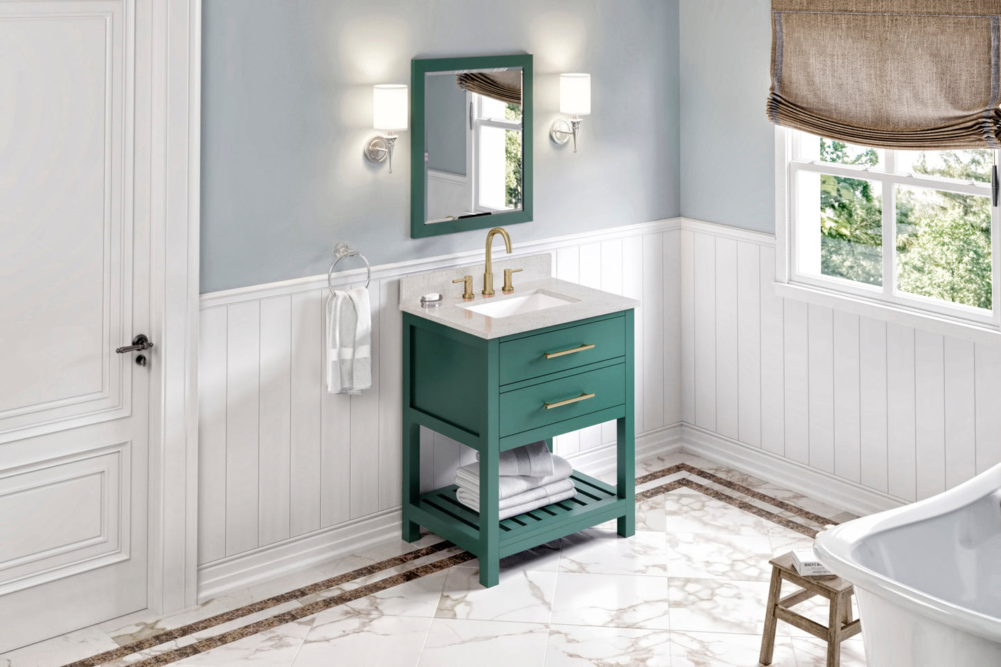 JEFFREY ALEXANDER VKITWAV30GNASR 30" Forest Green Wavecrest Vanity, Arctic Stone Cultured Marble Vanity Top, undermount rectangle bowl