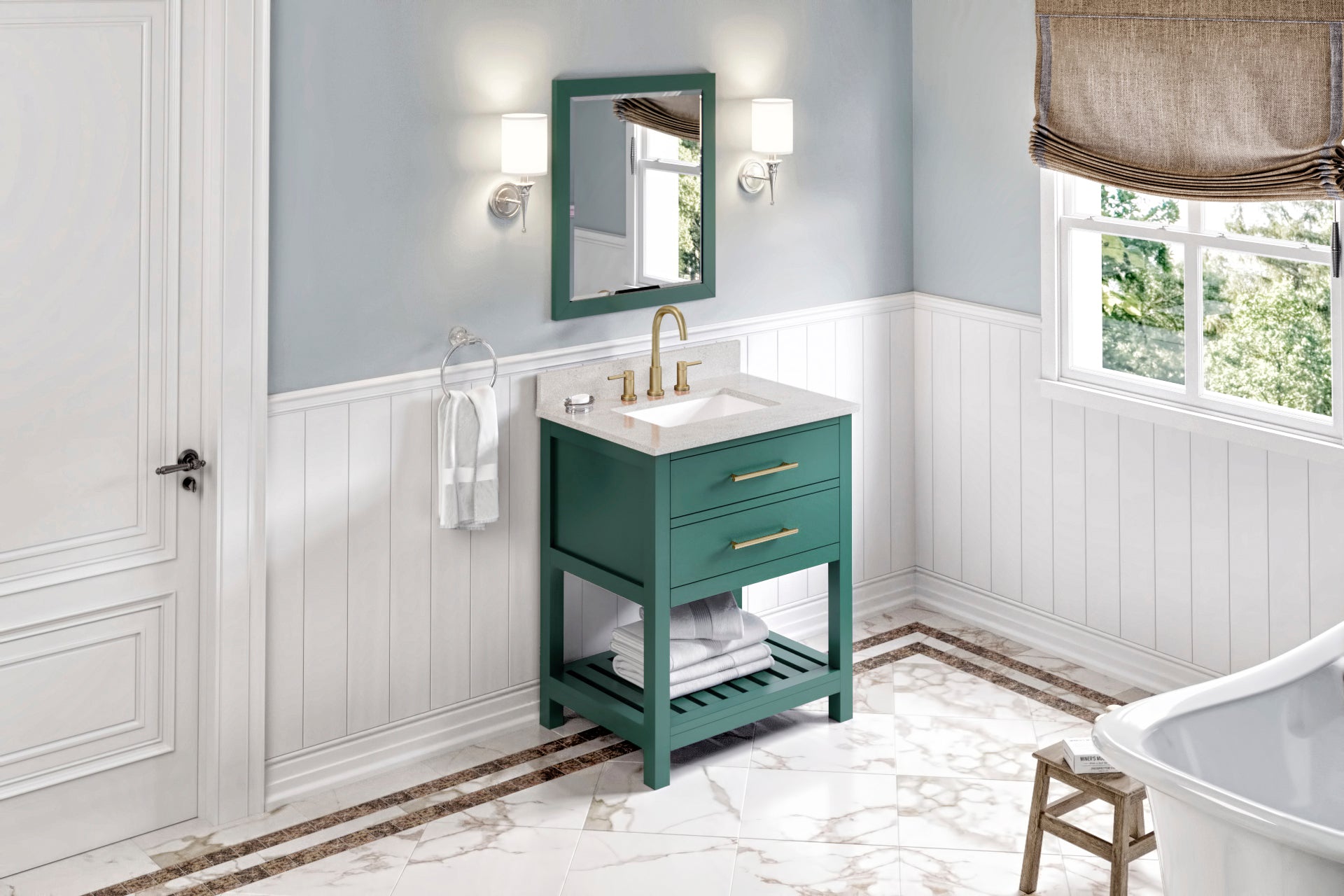 JEFFREY ALEXANDER VKITWAV30GNASR 30" Forest Green Wavecrest Vanity, Arctic Stone Cultured Marble Vanity Top, undermount rectangle bowl