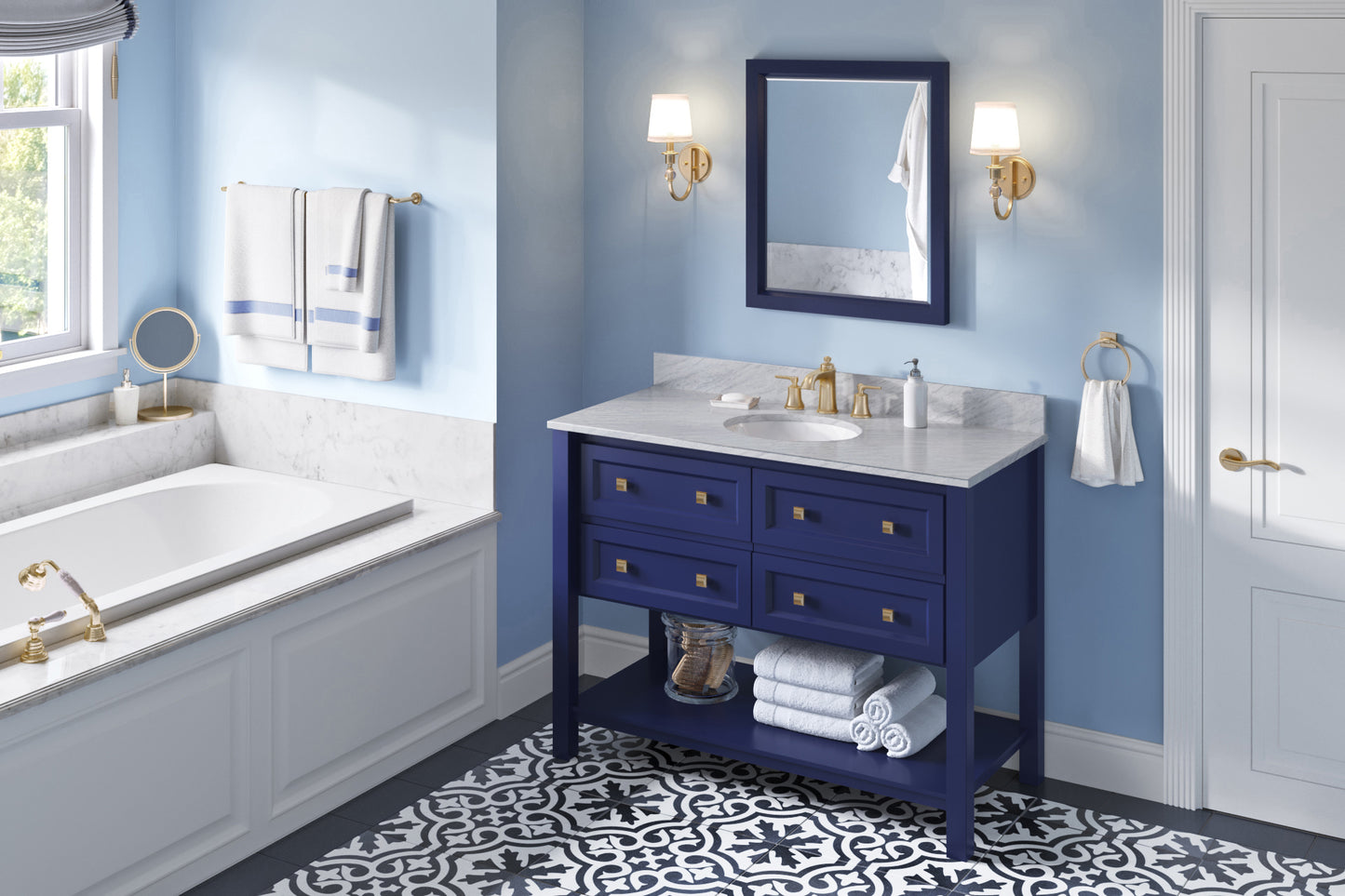 JEFFREY ALEXANDER VKITADL48BLWCO 48" Hale Blue Adler Vanity, White Carrara Marble Vanity Top, undermount oval bowl