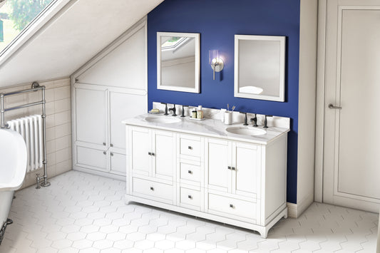 JEFFREY ALEXANDER VKITADD60WHCQO 60" White Addington Vanity, double bowl, Calacatta Vienna Quartz Vanity Top, two undermount rectangle bowls