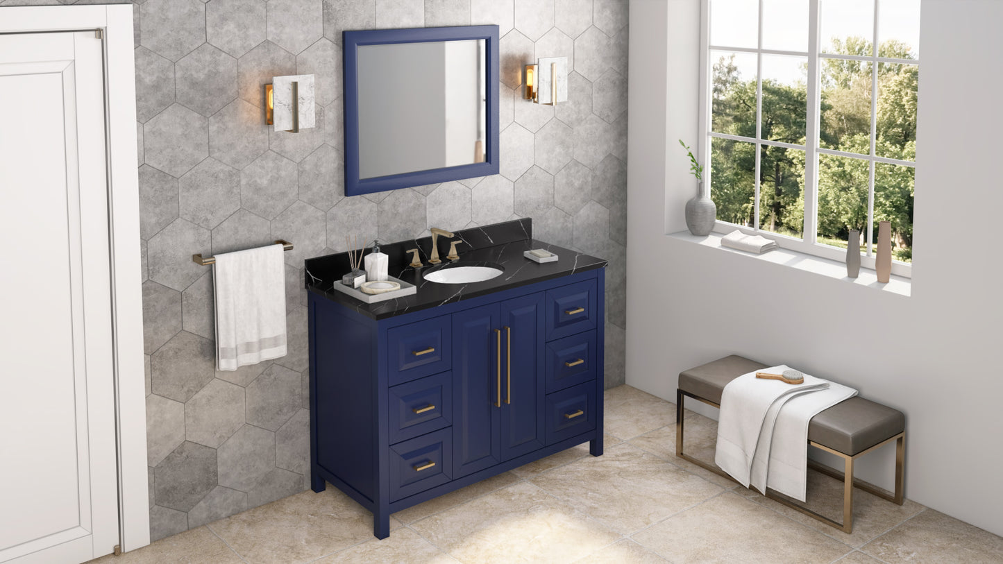 JEFFREY ALEXANDER VKITCAD48BLBQO 48" Hale Blue Cade Vanity, Calacatta Black Quartz Vanity Top, undermount oval bowl