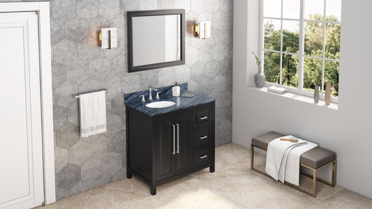 JEFFREY ALEXANDER VKITCAD36BKMGO 36" Black Cade Vanity, left offset, Grey Marble Vanity Top, undermount oval bowl