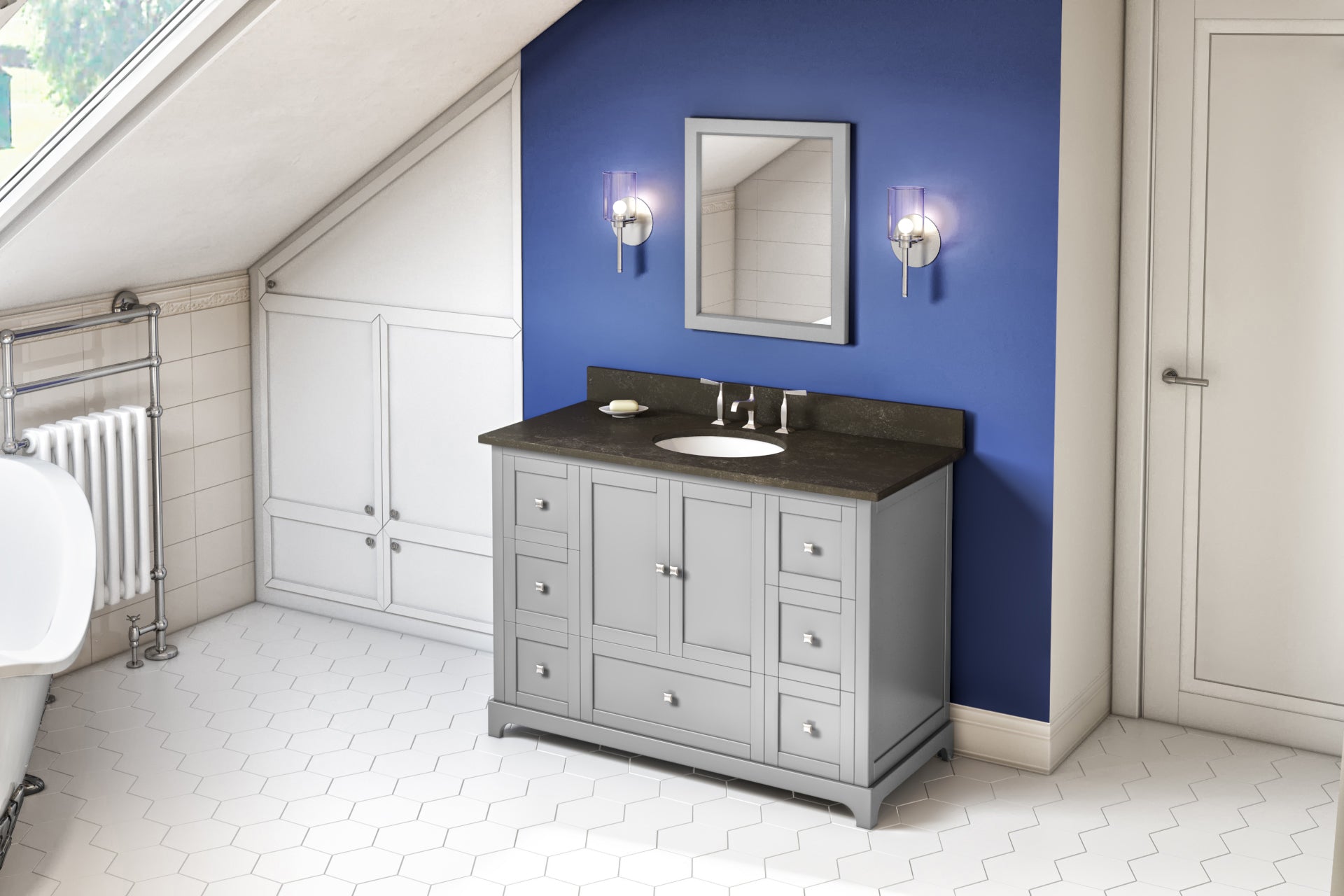 JEFFREY ALEXANDER VKITADD48GRLSO 48" Grey Addington Vanity, Blue Limestone Vanity Top, undermount oval bowl