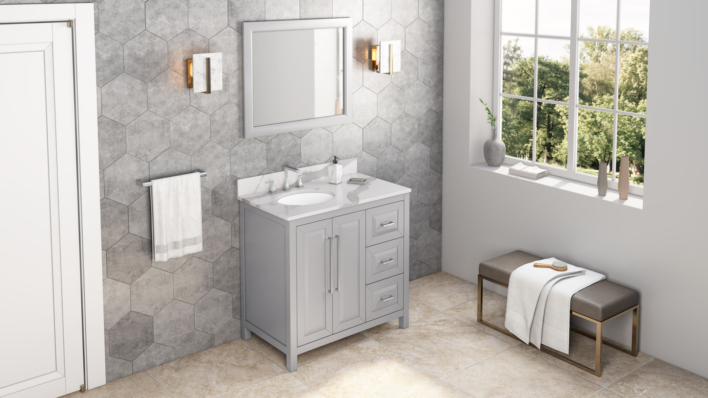 JEFFREY ALEXANDER VKITCAD36GRCQO 36" Grey Cade Vanity, left offset, Calacatta Vienna Quartz Vanity Top, undermount oval bowl