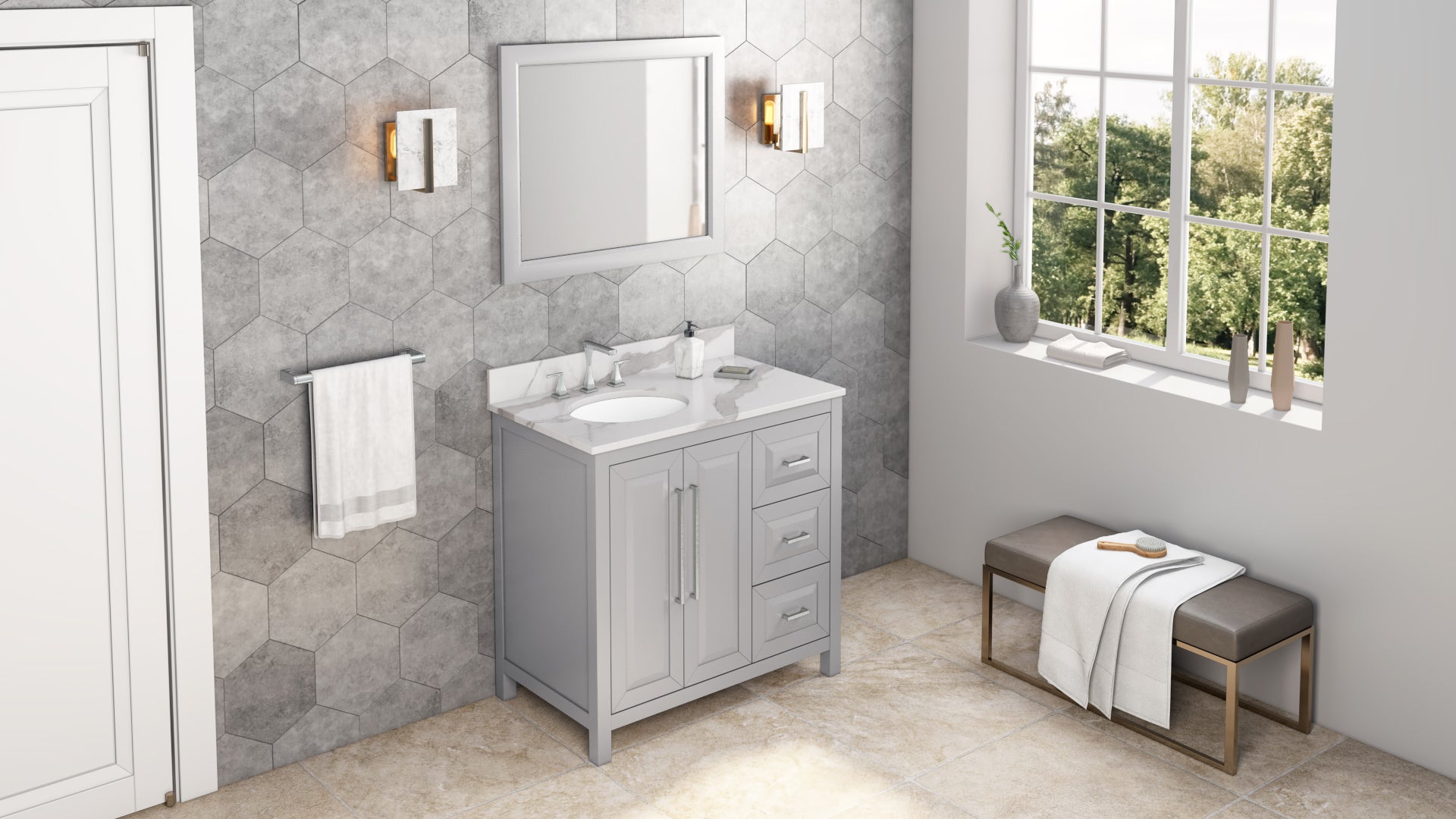 JEFFREY ALEXANDER VKITCAD36GRCQO 36" Grey Cade Vanity, left offset, Calacatta Vienna Quartz Vanity Top, undermount oval bowl