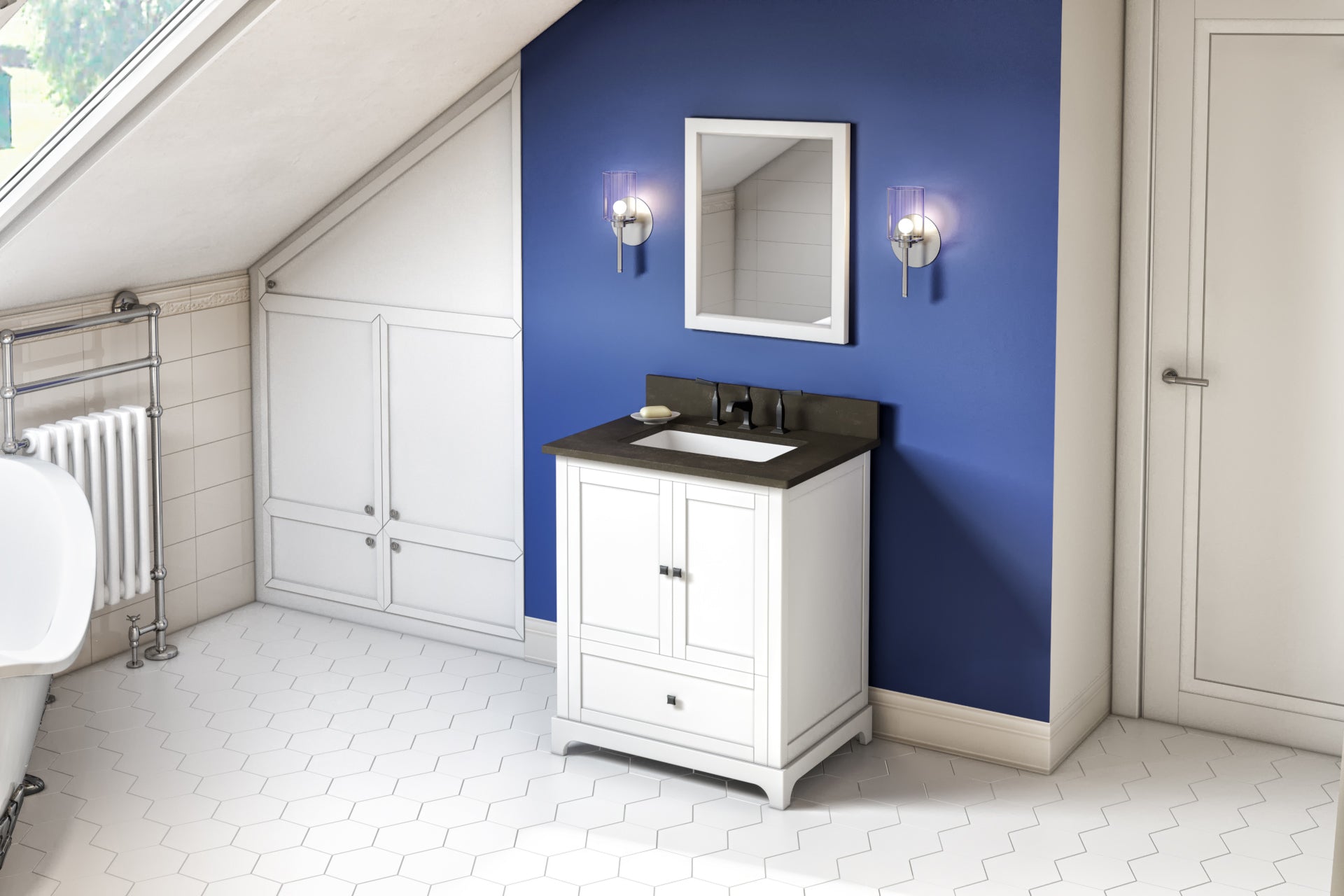 JEFFREY ALEXANDER VKITADD30WHLSR 30" White Addington Vanity, Blue Limestone Vanity Top, undermount rectangle bowl