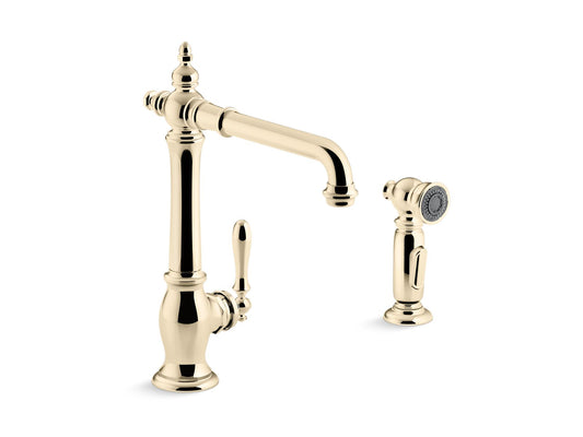 KOHLER K-99265-AF Artifacts Single-Handle Kitchen Sink Faucet With Side Sprayer In Vibrant French Gold