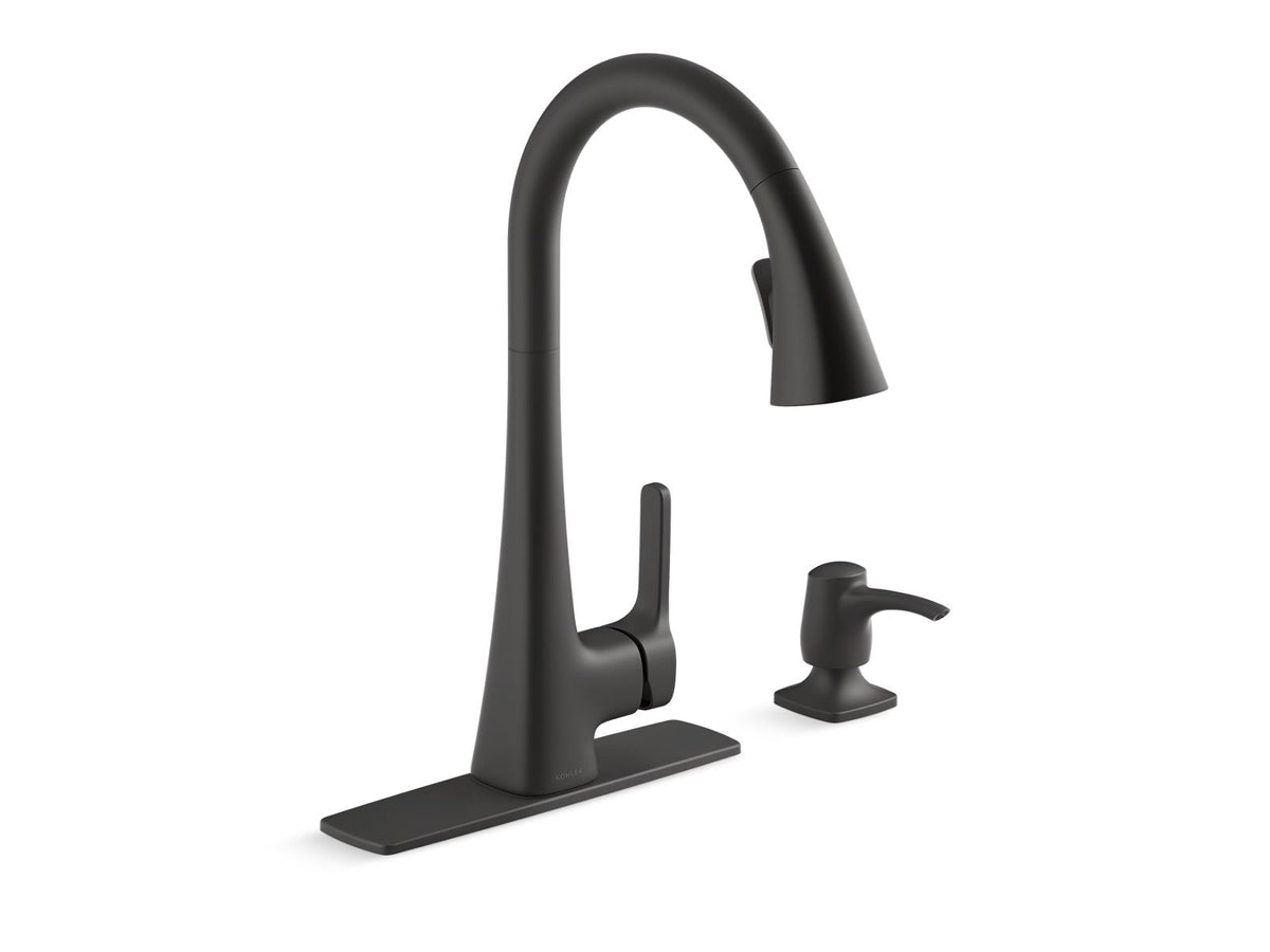 KOHLER K-R22867-SD-BL Matte Black Maxton Pull-down kitchen faucet with soap/lotion dispenser