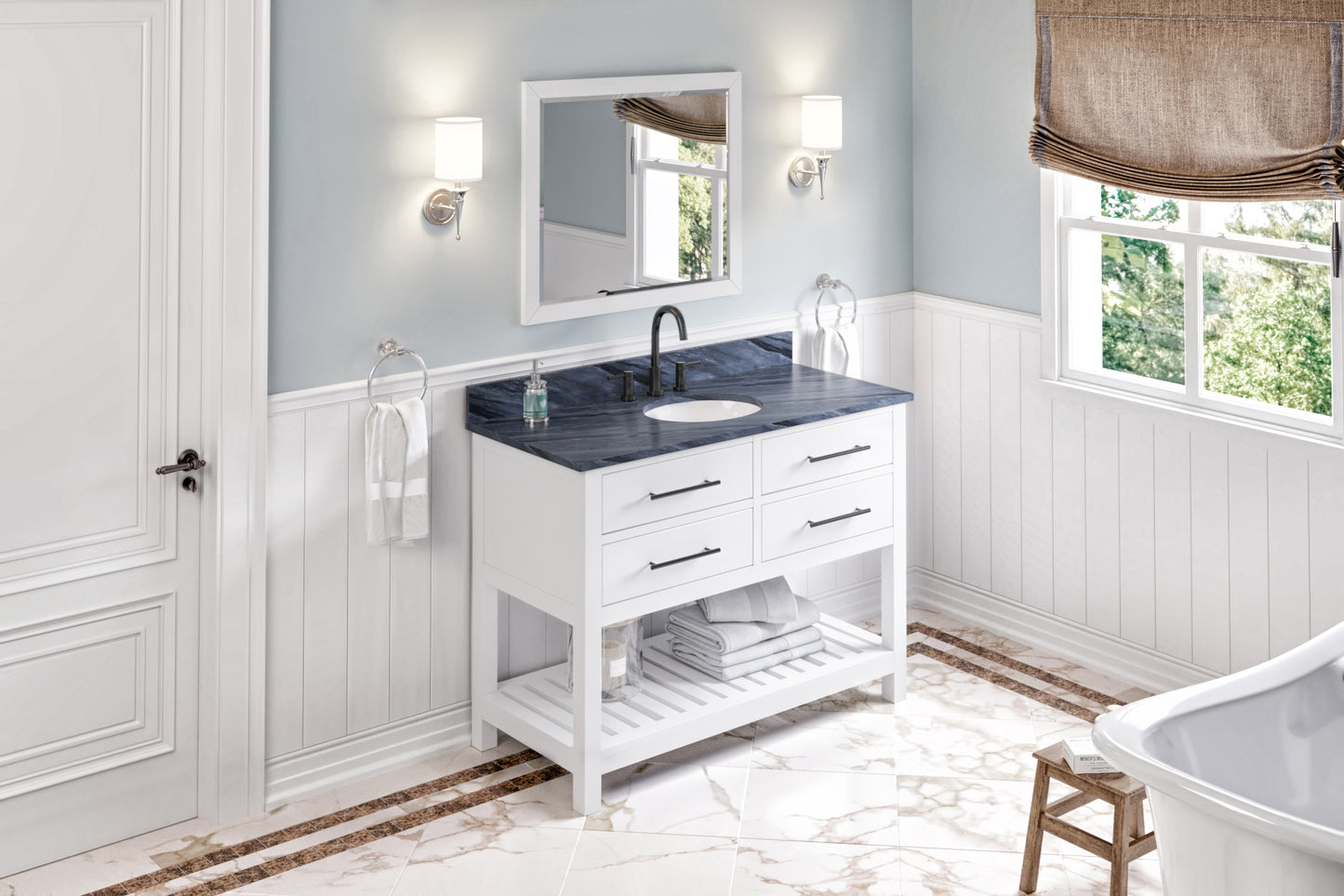 JEFFREY ALEXANDER VKITWAV48WHMGO 48" White Wavecrest Vanity, Grey Marble Vanity Top, undermount oval bowl