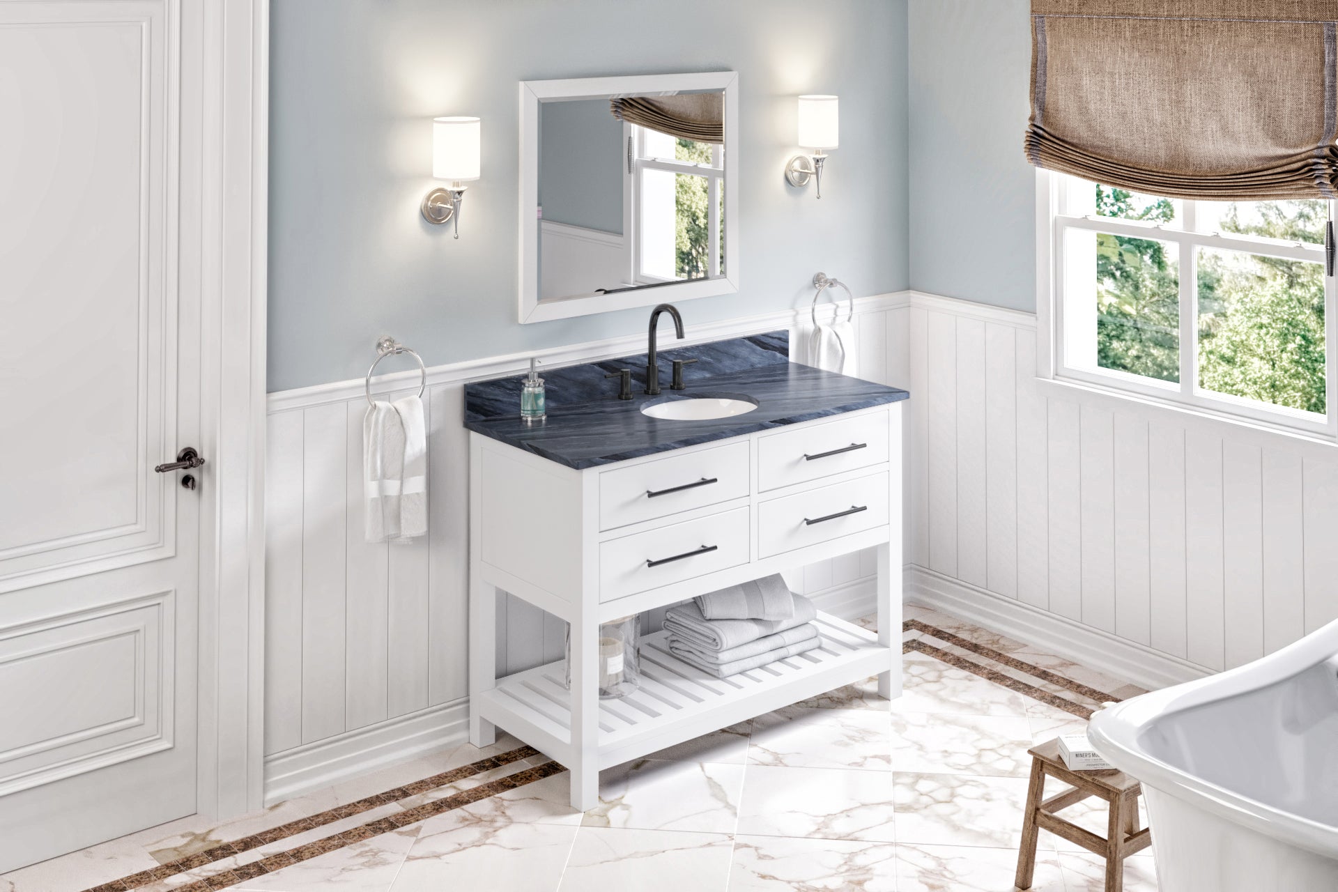 JEFFREY ALEXANDER VKITWAV48WHMGO 48" White Wavecrest Vanity, Grey Marble Vanity Top, undermount oval bowl