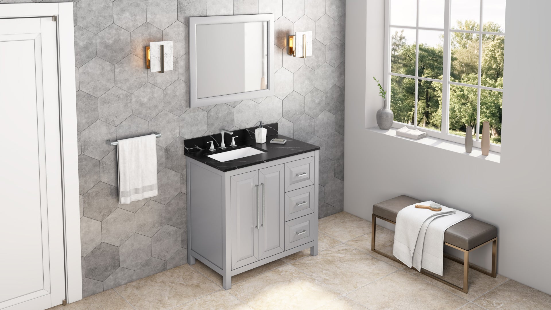 JEFFREY ALEXANDER VKITCAD36GRBQR 36" Grey Cade Vanity, left offset, Calacatta Black Quartz Vanity Top, undermount rectangle bowl